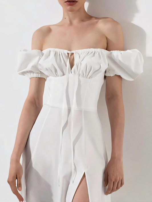 Puff Sleeve Slit Solid Color Midi Dress