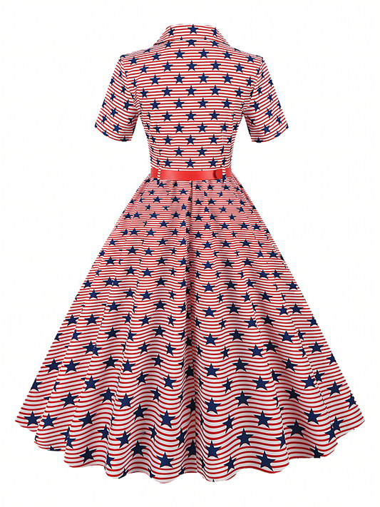 Independence Day Pink Printed  Vintage Midi Dress