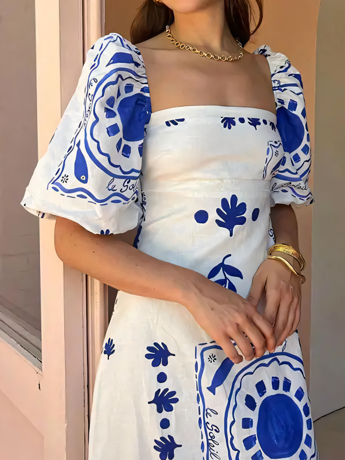 Blue  White Printed Bubble Sleeve Maxi Dress