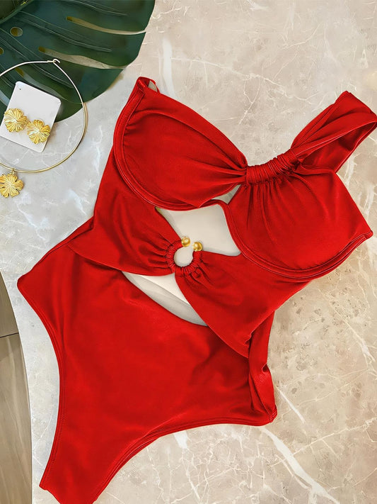 Solid Color Metal Buckle One-piece Swimsuit