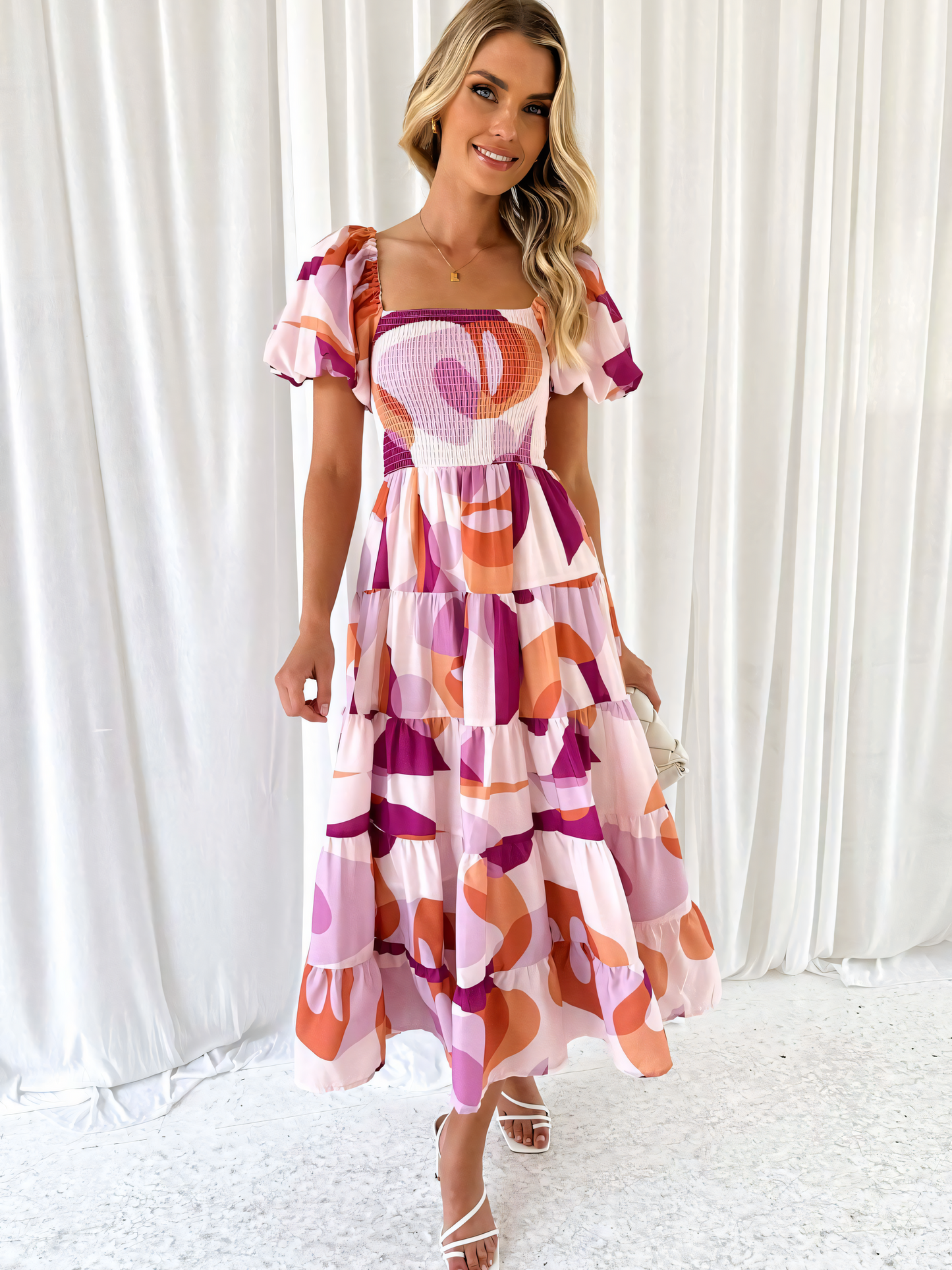 Pink Round Printed Puffy Bubble Sleeve  Midi Dress