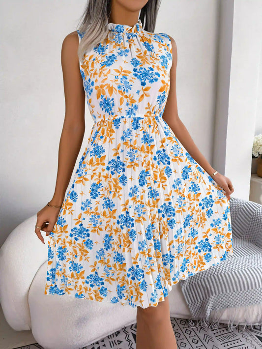 Rolled Floral Waisted Pleated Midi Dress
