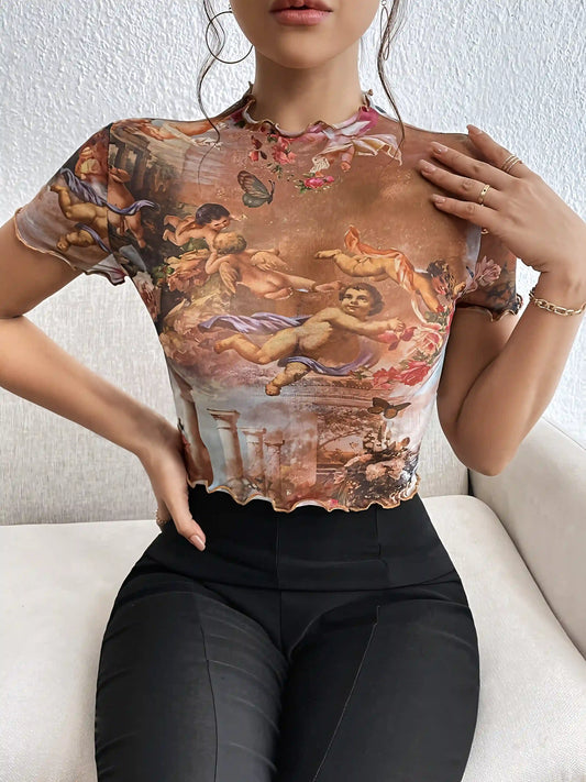 Caramel Elegant Mesh Printed Rolled T-Shirt