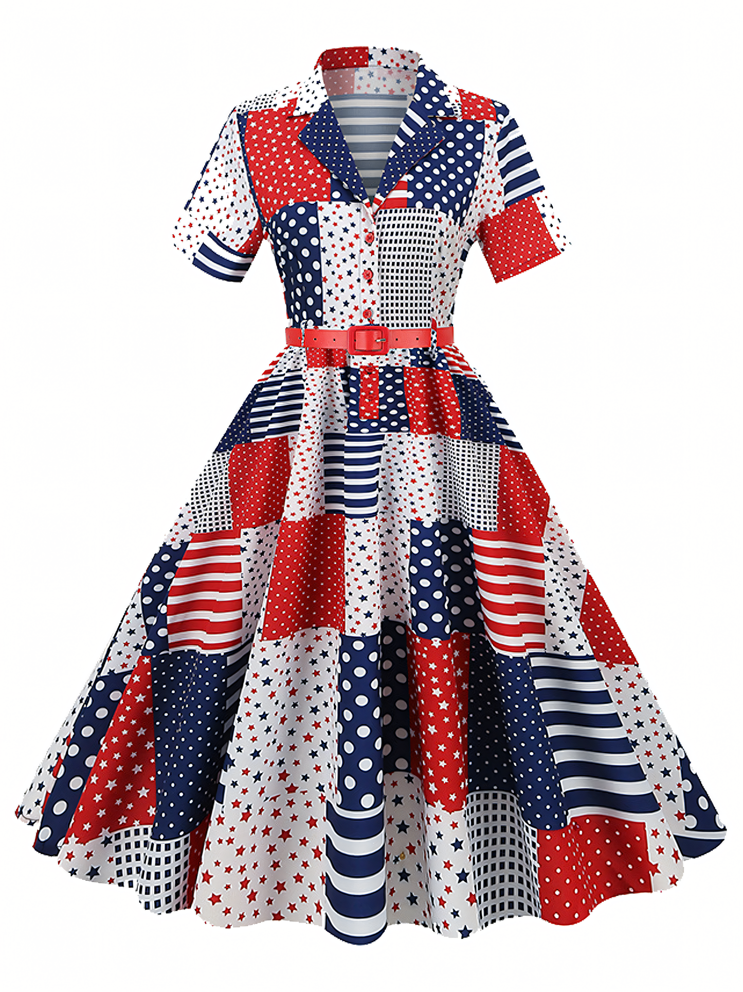 Independence Day White Blue Red Printed  Vintage Midi Dress
