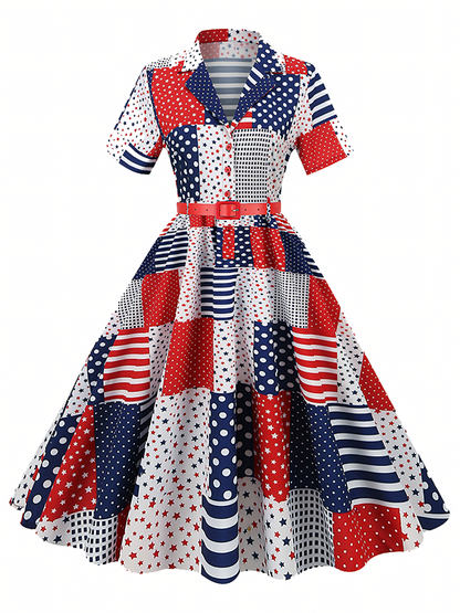 Independence Day White Blue Red Printed  Vintage Midi Dress