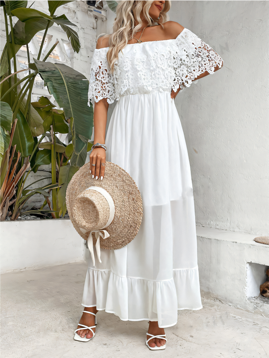 White Lace Panell Ruffle Hem  Maxi Dress