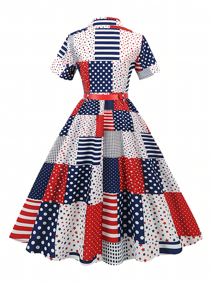 Independence Day White Blue Red Printed  Vintage Midi Dress