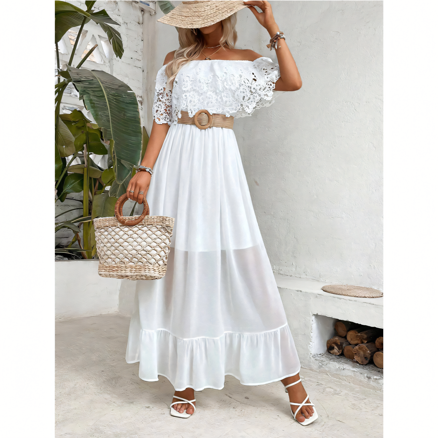 White Lace Panell Ruffle Hem  Maxi Dress
