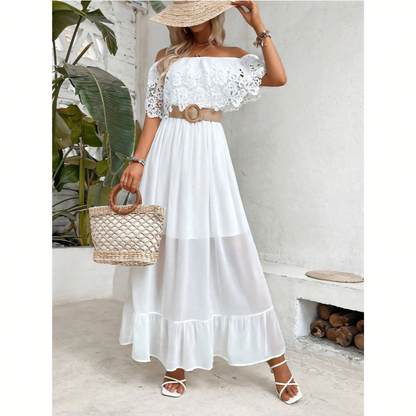 White Lace Panell Ruffle Hem  Maxi Dress