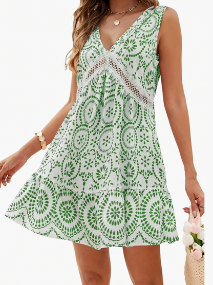 Printed Cutout Lace V-Neck Mini Dress