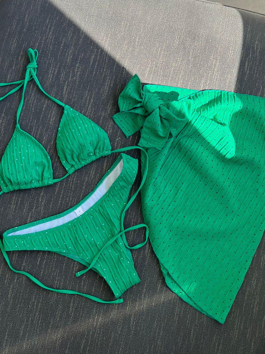 Polka-dot  Drawstring Straps Bikini Trio Set