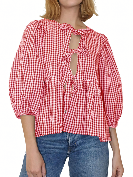 Sweet Casual Lace-Up Plaid Shirt