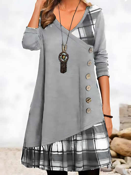 Casual Patchwork Button-up Long-sleeved Mini Dress
